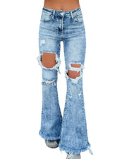 Distressed Water Washed Flared Jeans