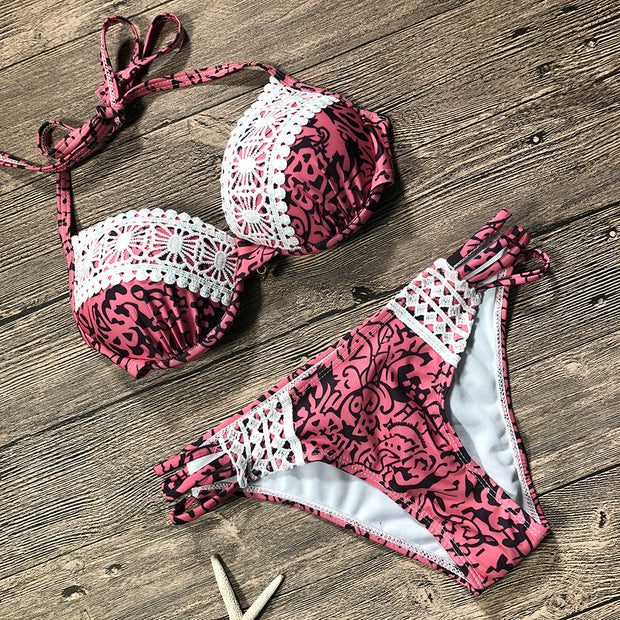 Halter Top with Lace Bikini Set